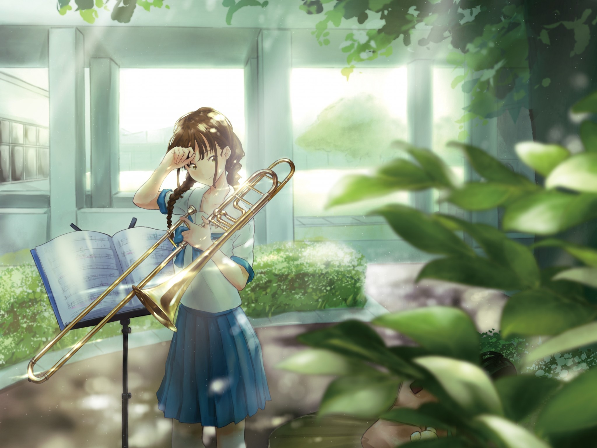 Anime Girl, Trumpet, School, Sunbeam, Tree, Summer - HD Wallpaper 