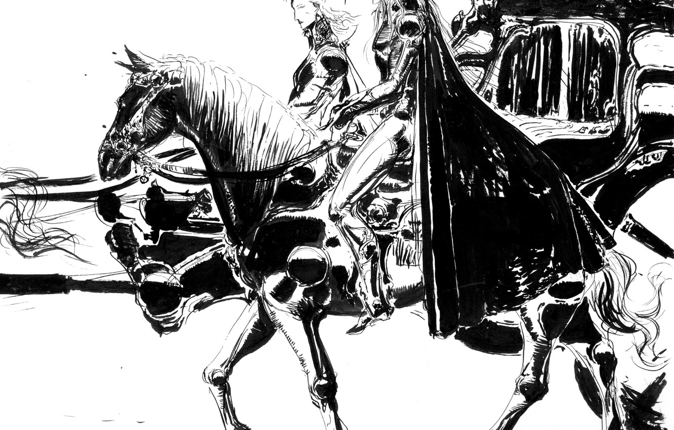Photo Wallpaper Horse, Graphics, Sword, Hat, Black - Amano Black And White - HD Wallpaper 