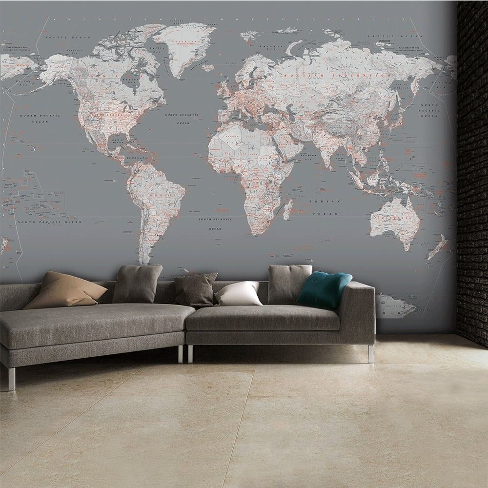 Contemporary Grey World Map Wallpaper Mural - HD Wallpaper 