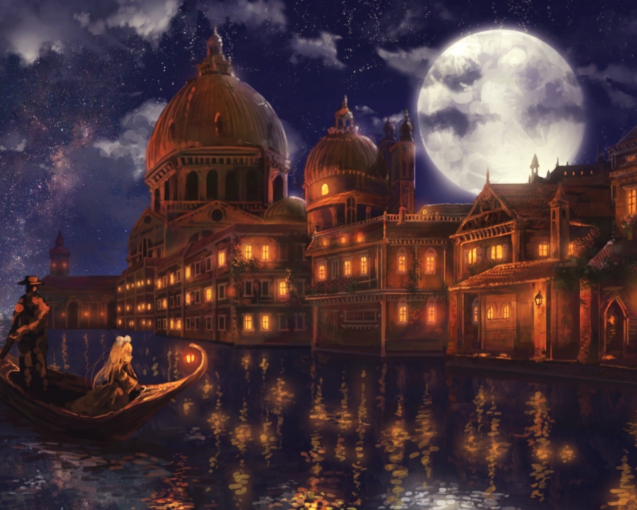 Anime Girl, Gondola, Moon, Romantic, River, Stars, - Landscape Hd Fantasy - HD Wallpaper 