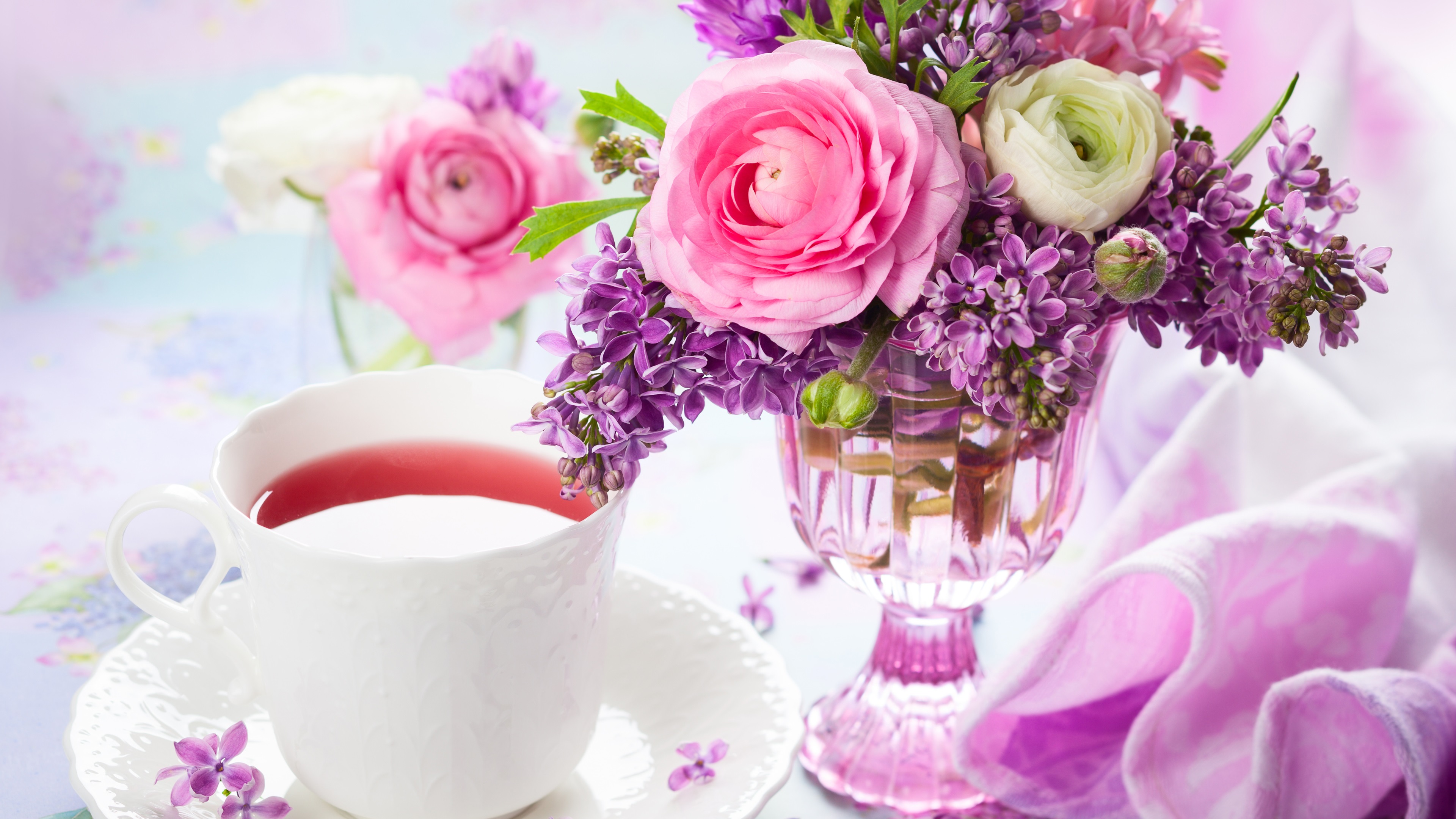 Wallpaper A Cup Of Tea, Lilac And Rose, Bouquet, Vase - Пожелания Доброе Утро Стихи - HD Wallpaper 