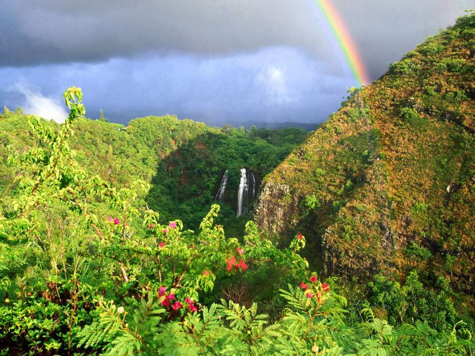 Download Mobile Wallpaper Landscape, Mountains, Rainbow - Hawaii Rainbow - HD Wallpaper 