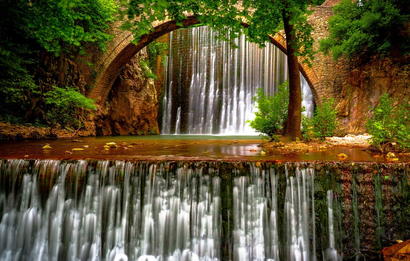 Photo Wallpaper Trees, Bridge, River, Greece, Waterfalls, - Goodfon Com Waterfalls - HD Wallpaper 