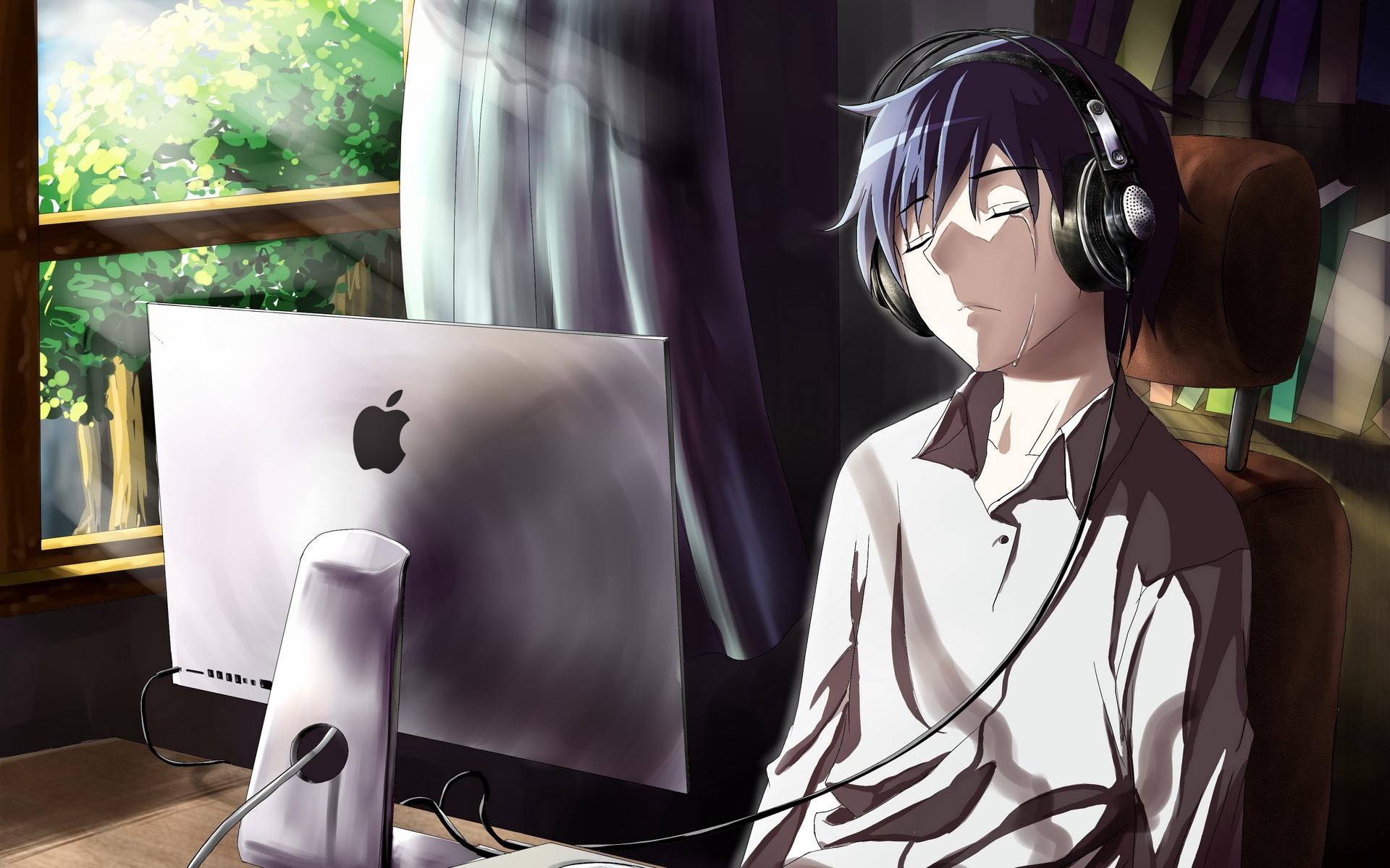 Anime Computer Background - Anime Boy On Computer - HD Wallpaper 