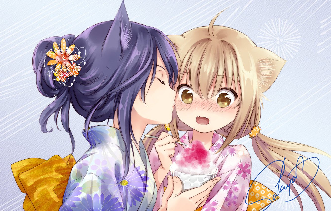 Photo Wallpaper Girls, Kiss, Anime - Konohana Kitan Satsuki X Yuzu - HD Wallpaper 