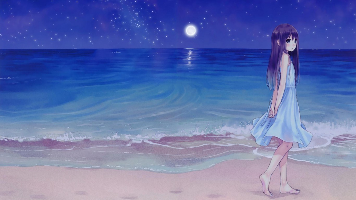 Anime Girl On Beach Wallpaper - Cute Wallpaper Hd Cartoon Girl - HD Wallpaper 