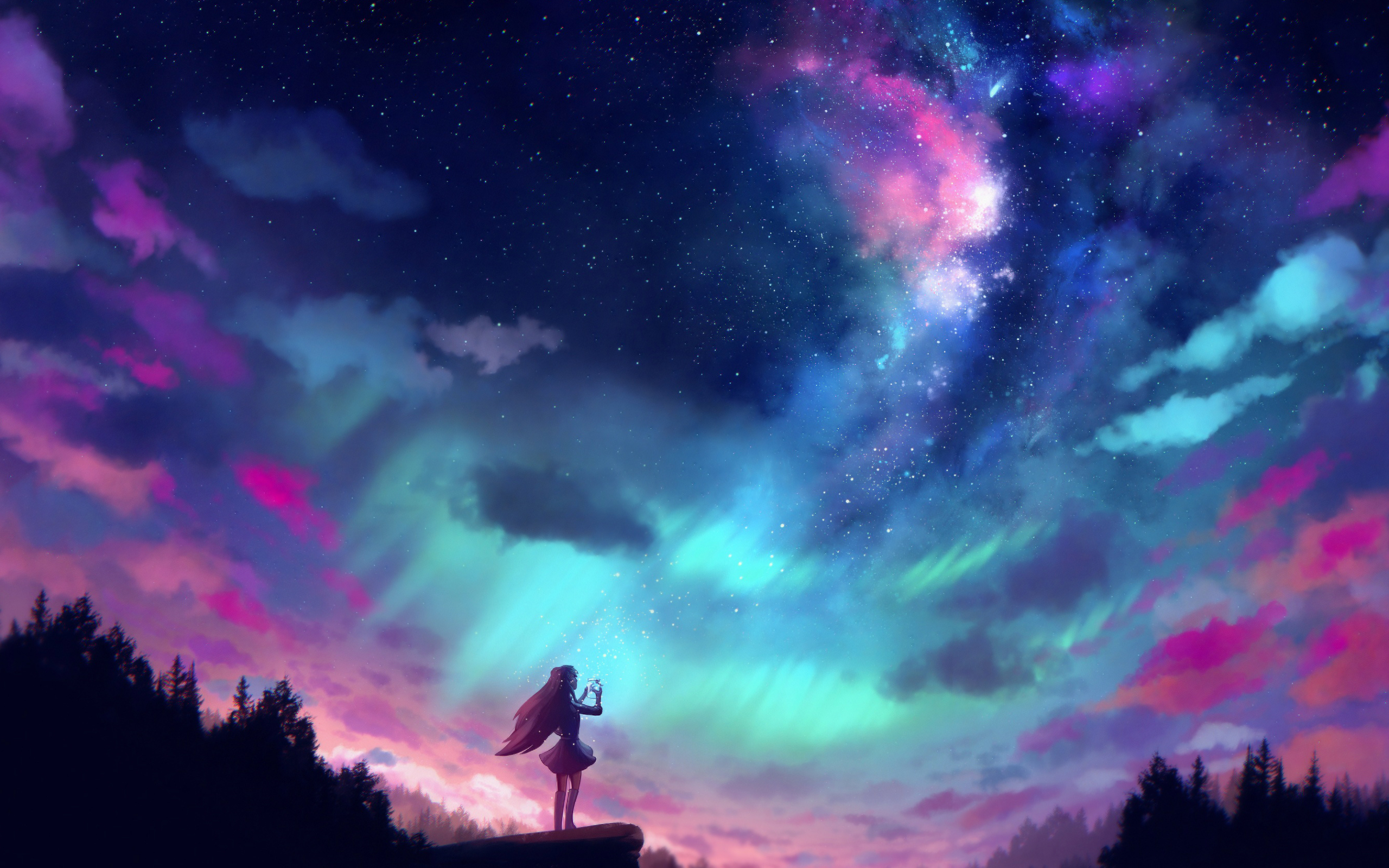 Wallpaper Of Aurora Borealis, Girl, Sky, Woman Background - Anime Sky Wallpaper 4k - HD Wallpaper 