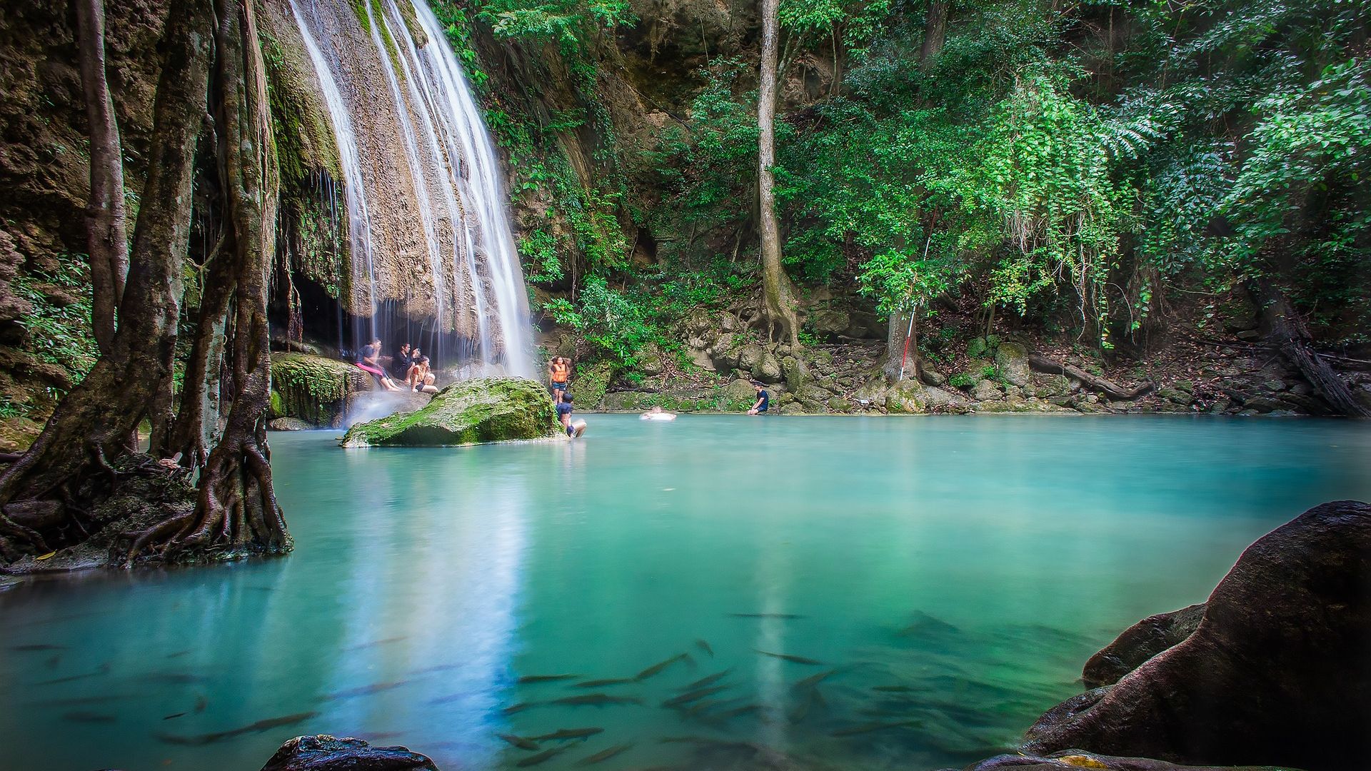 Summer Water Play By People In Erawan National Park - Erawan National Park Thailand - HD Wallpaper 