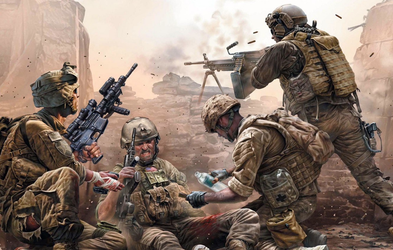Photo Wallpaper War, Soldiers, Shooting, Wounded, Modern - American Soldiers Under Fire - HD Wallpaper 