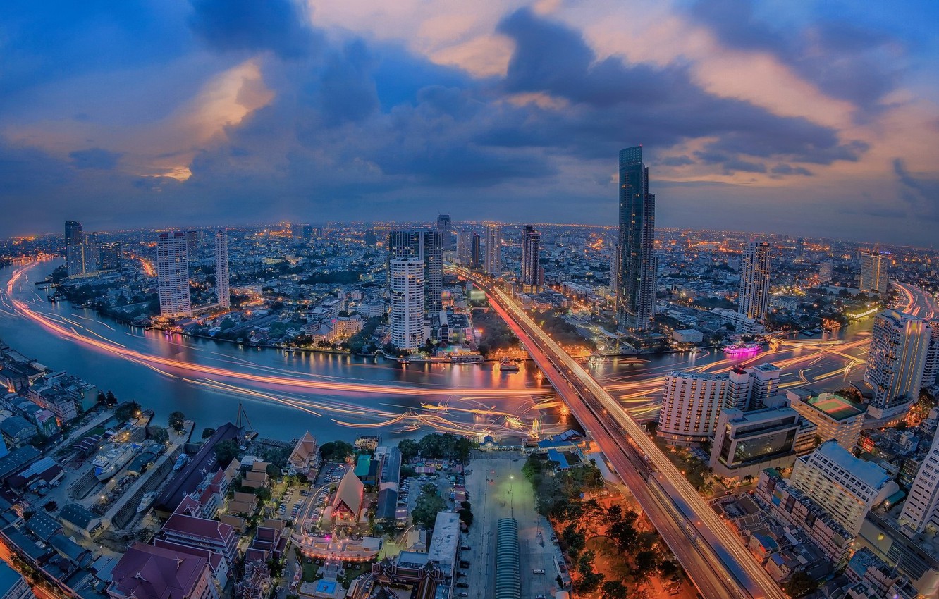 Photo Wallpaper Night, The City, Lights, River, Thailand, - Bangkok City - HD Wallpaper 