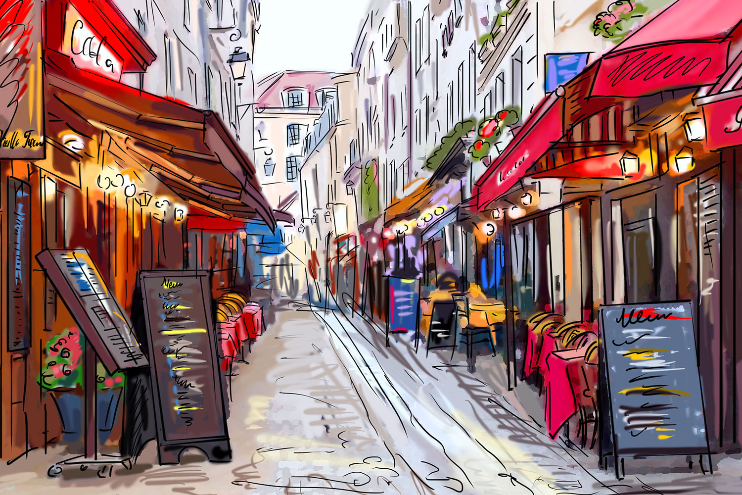 Cafe Alley - Paris Street Cartoon - HD Wallpaper 