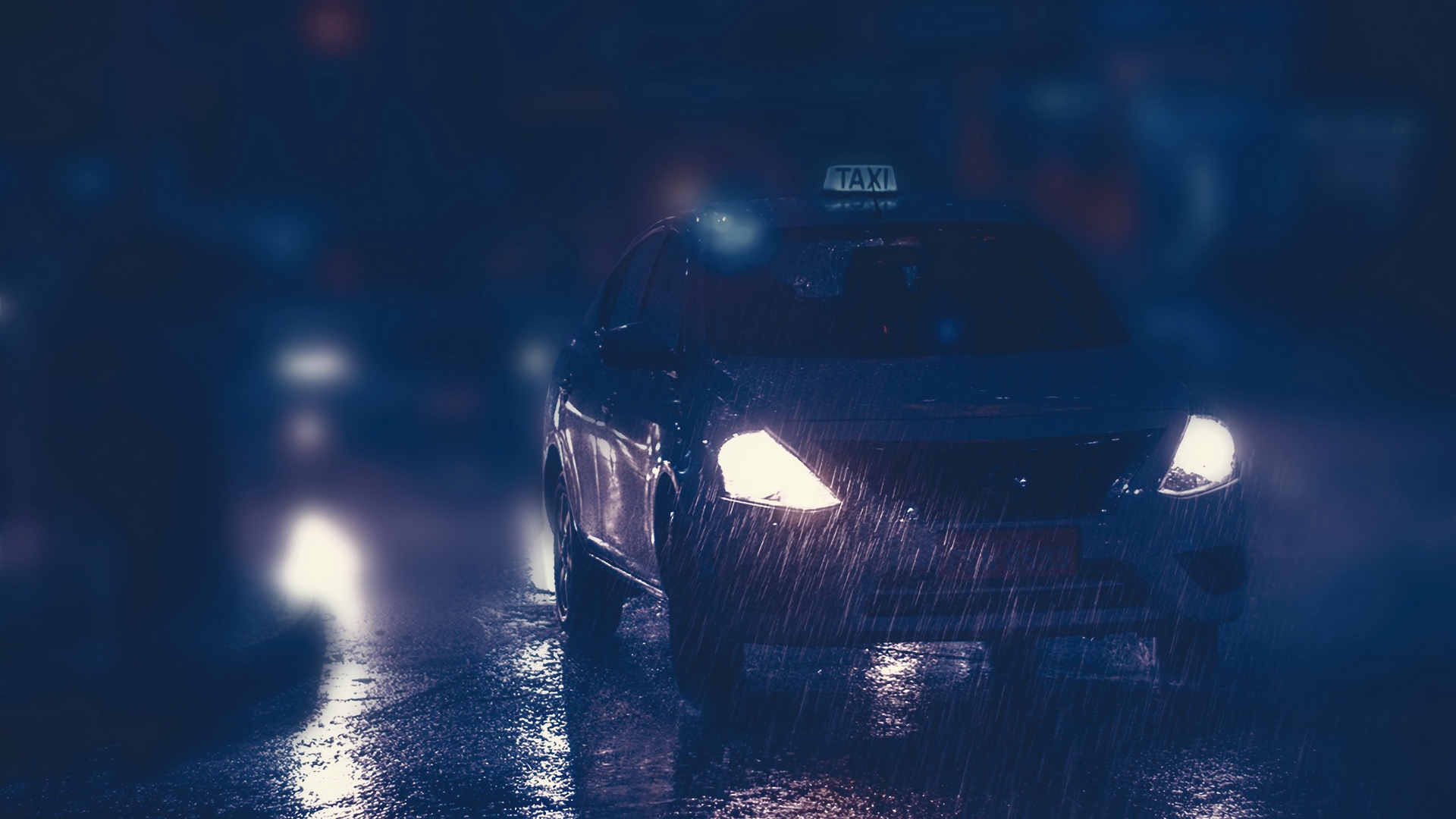 Wallpaper Taxi, Car, Night, Rain, Lights, Street - Car Night Rain Light - HD Wallpaper 