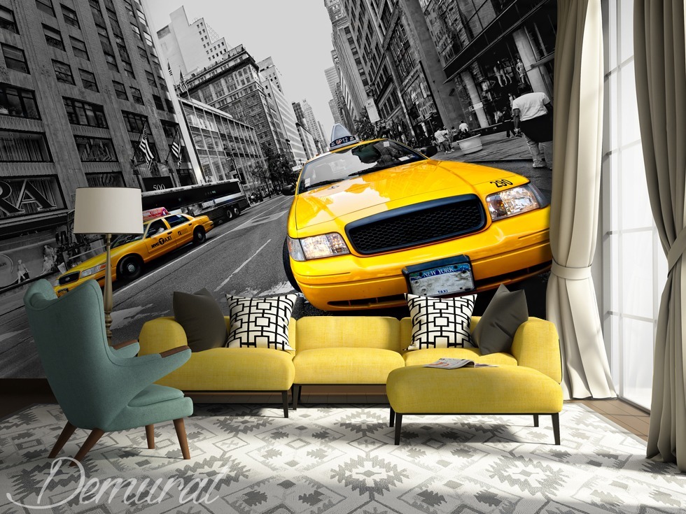 In A Yellow Taxi Cab Through New York Cities Wallpaper - Canvas - HD Wallpaper 