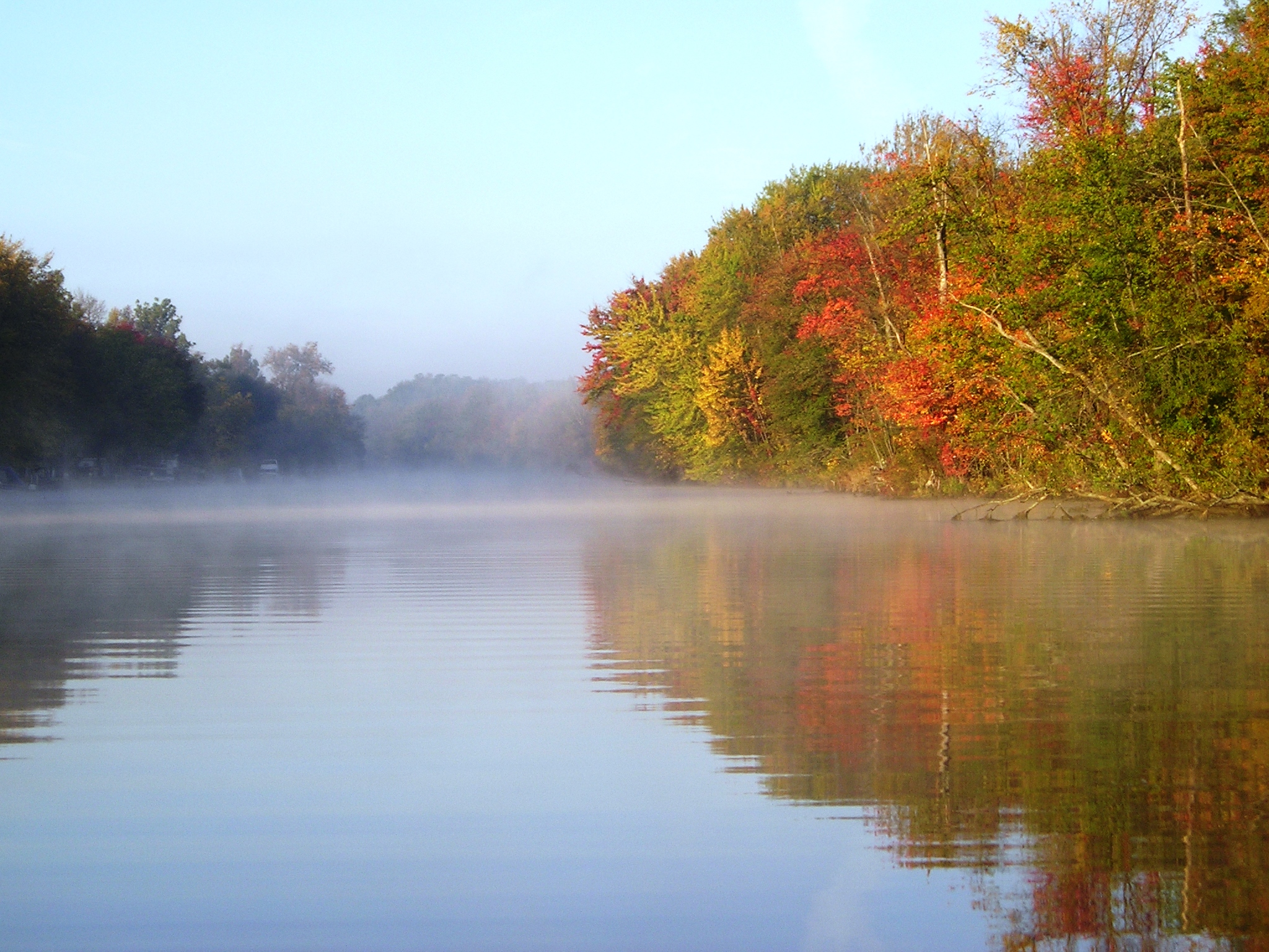 Fog On A Fall Colored Tree Lined River - Reflection - HD Wallpaper 