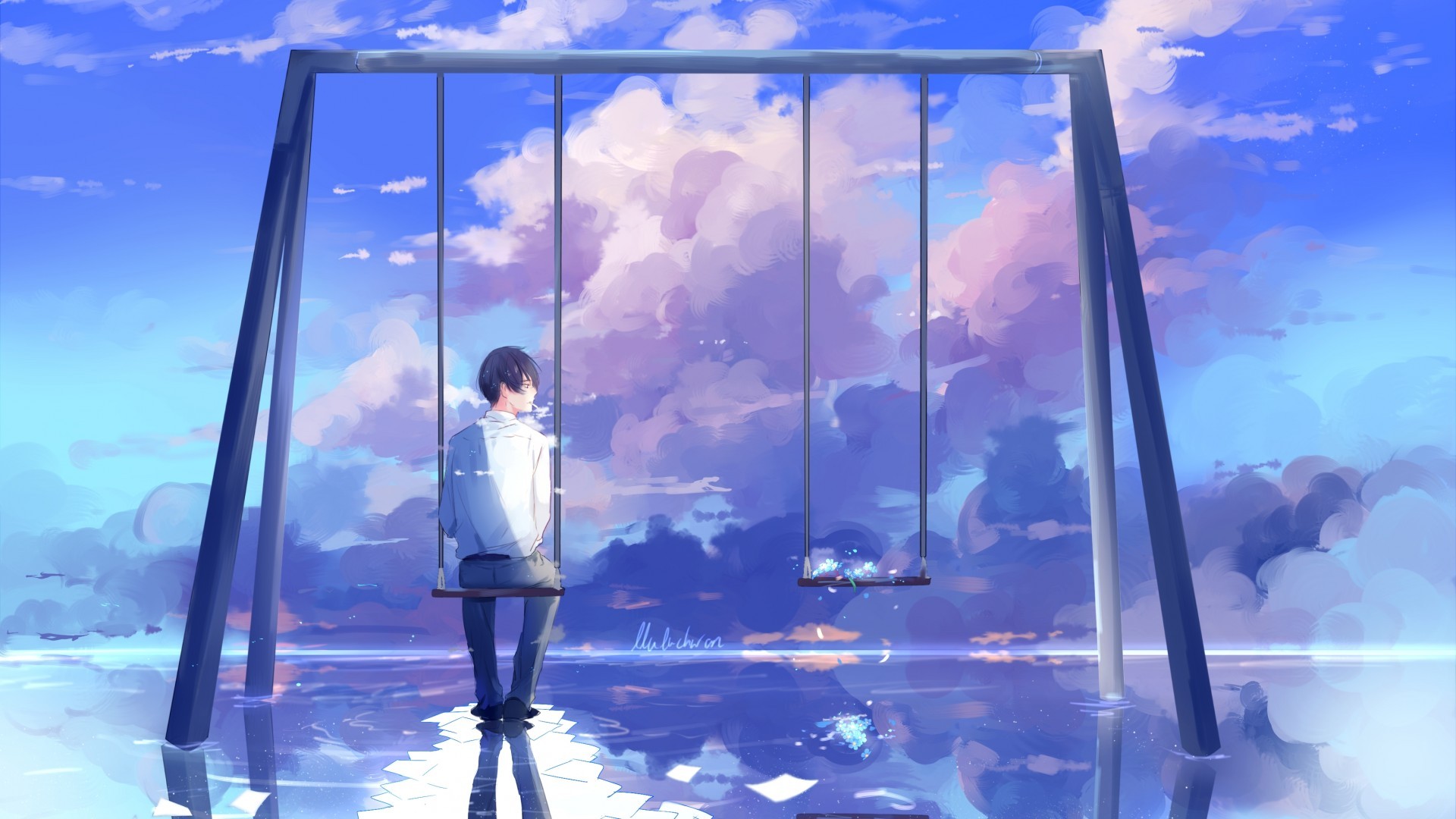 Anime Boy, Scenic, Swing, Clouds, Back View, Reflection - Anime Boy Back View - HD Wallpaper 