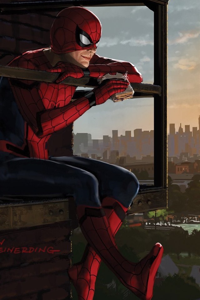 Iphone Wallpaper Spider-man Eat Sandwich, City, Art - Spiderman Homecoming Concept Art Peter - HD Wallpaper 