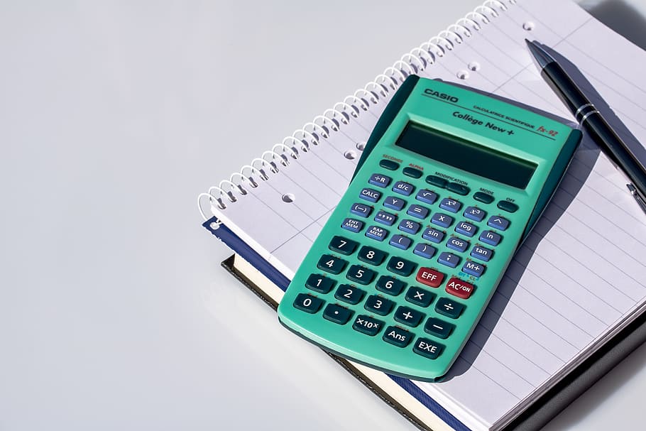 Green Casio Calculator On White Notebook Beside Pen, - HD Wallpaper 