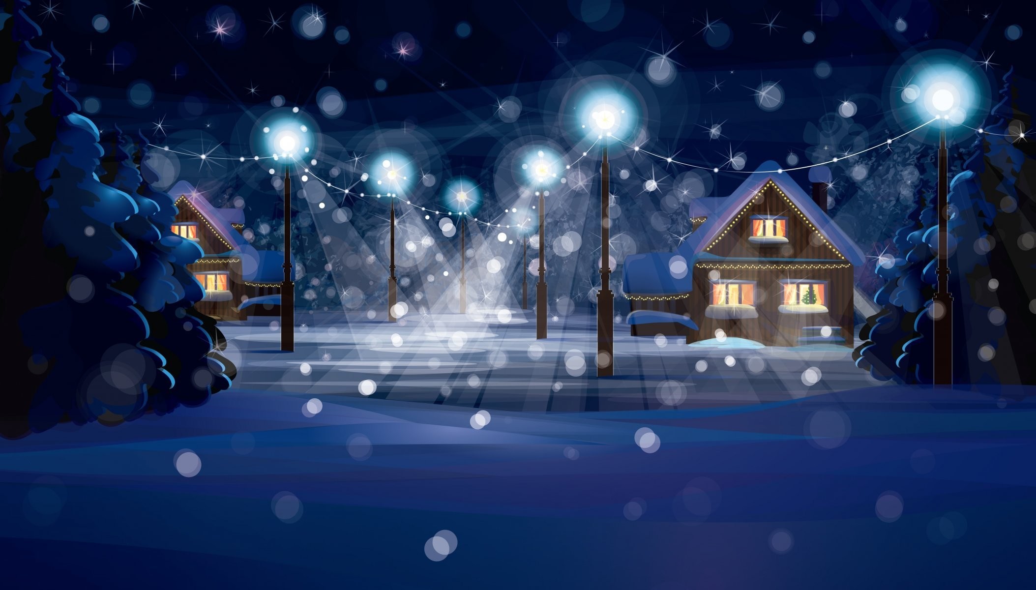 New Year Merry Christmas Town City Houses Lights Light - Merry Christmas Snow Town - HD Wallpaper 