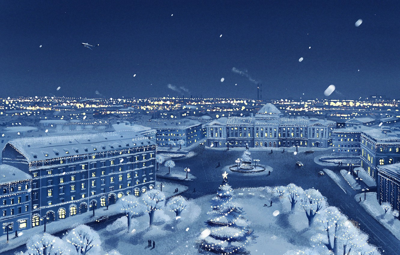 Photo Wallpaper Winter, Snow, The City, The Plane, - Snow New Year City - HD Wallpaper 
