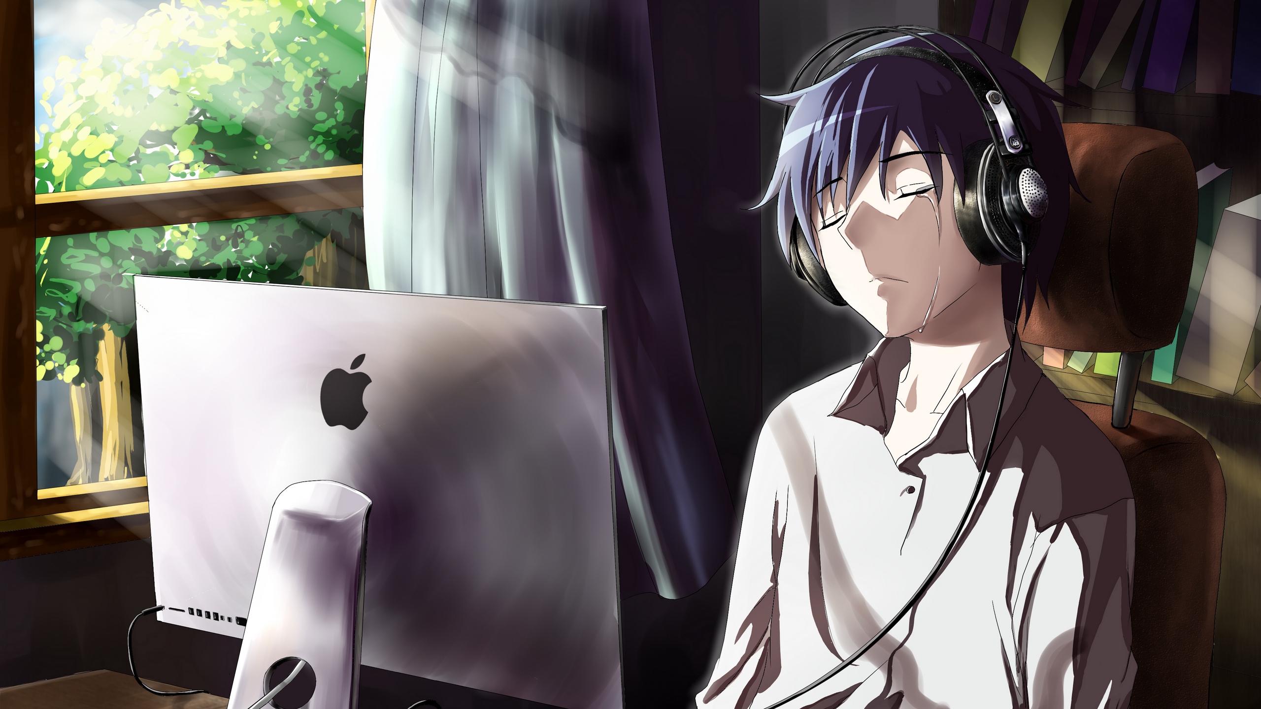 Wallpaper Guy, Anime, Computer, Tears, Sadness, Room - Anime Listening To Music - HD Wallpaper 