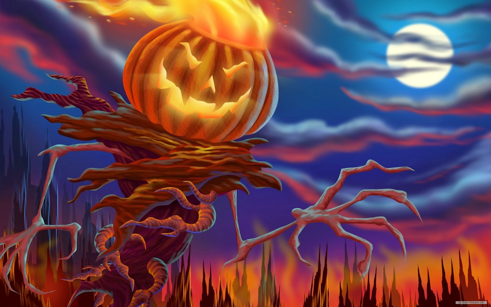 Scarecrow With Pumpkin Head Scary Pictures For Kids - Pumpkin Moon - HD Wallpaper 