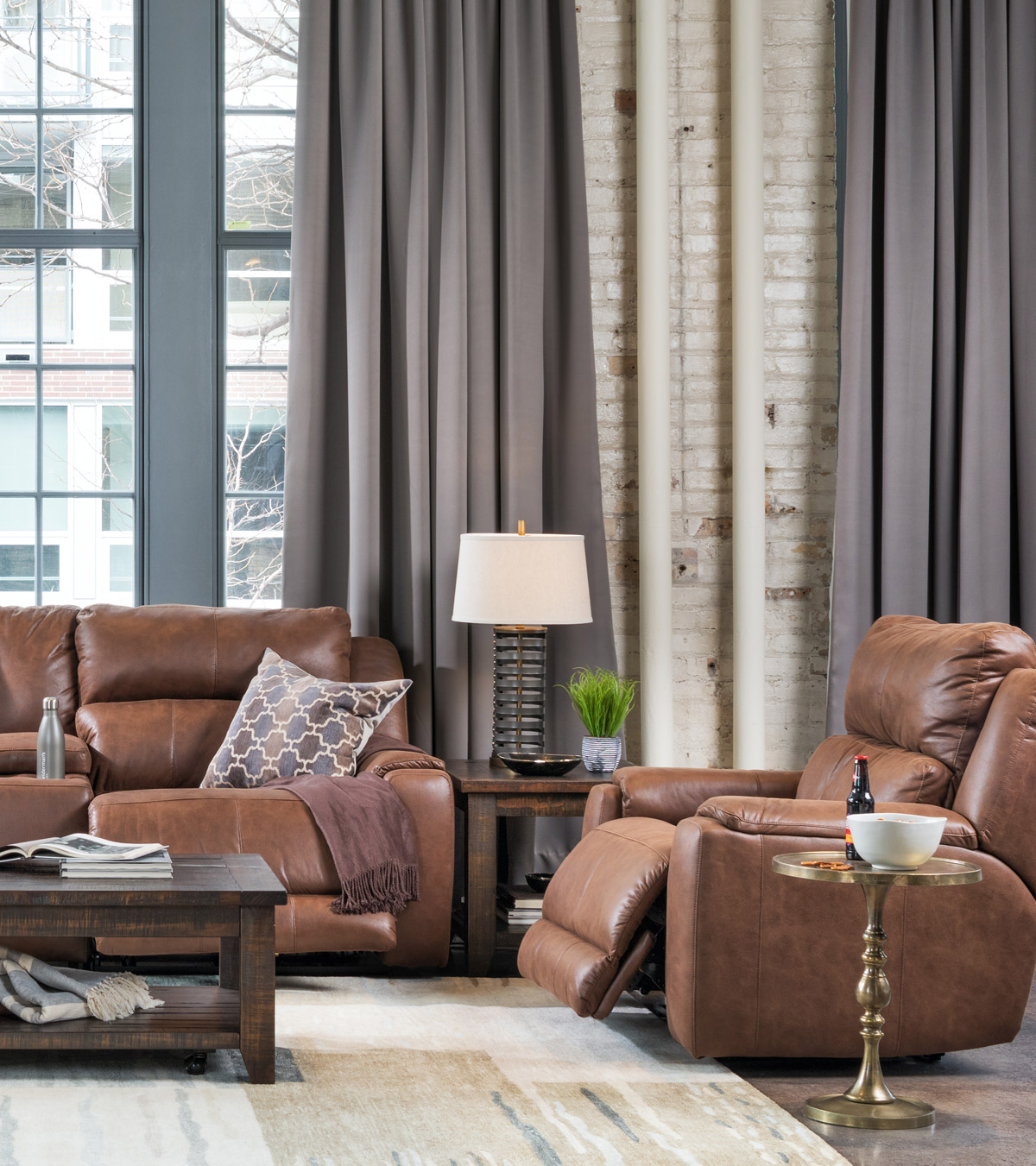 Loft Living Room With Brown Motion Furniture, Gray - Gray Walls Brown Furniture - HD Wallpaper 