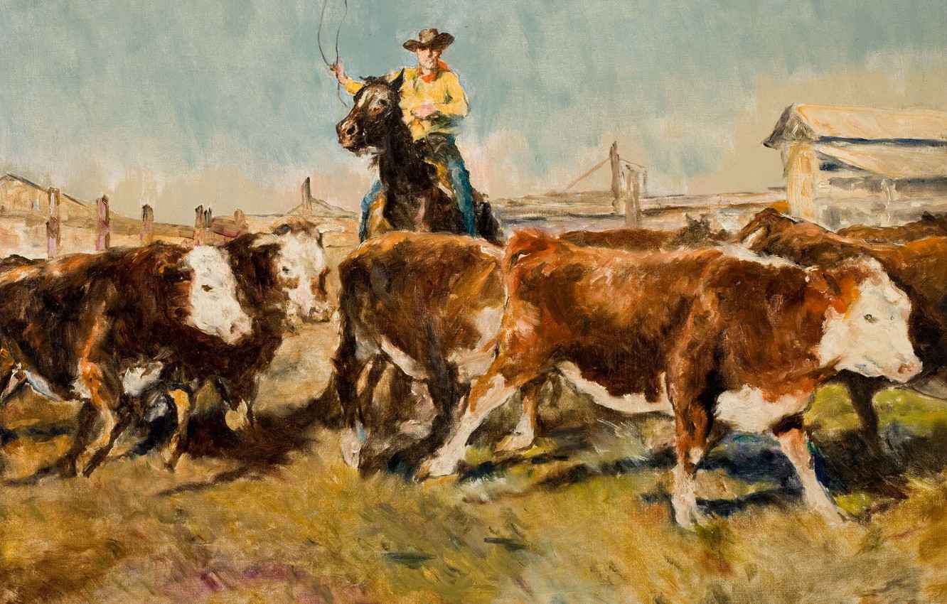 Photo Wallpaper Cows, Cowboy, Genre Painting, Pal Fried, - Cowboy Paint - HD Wallpaper 
