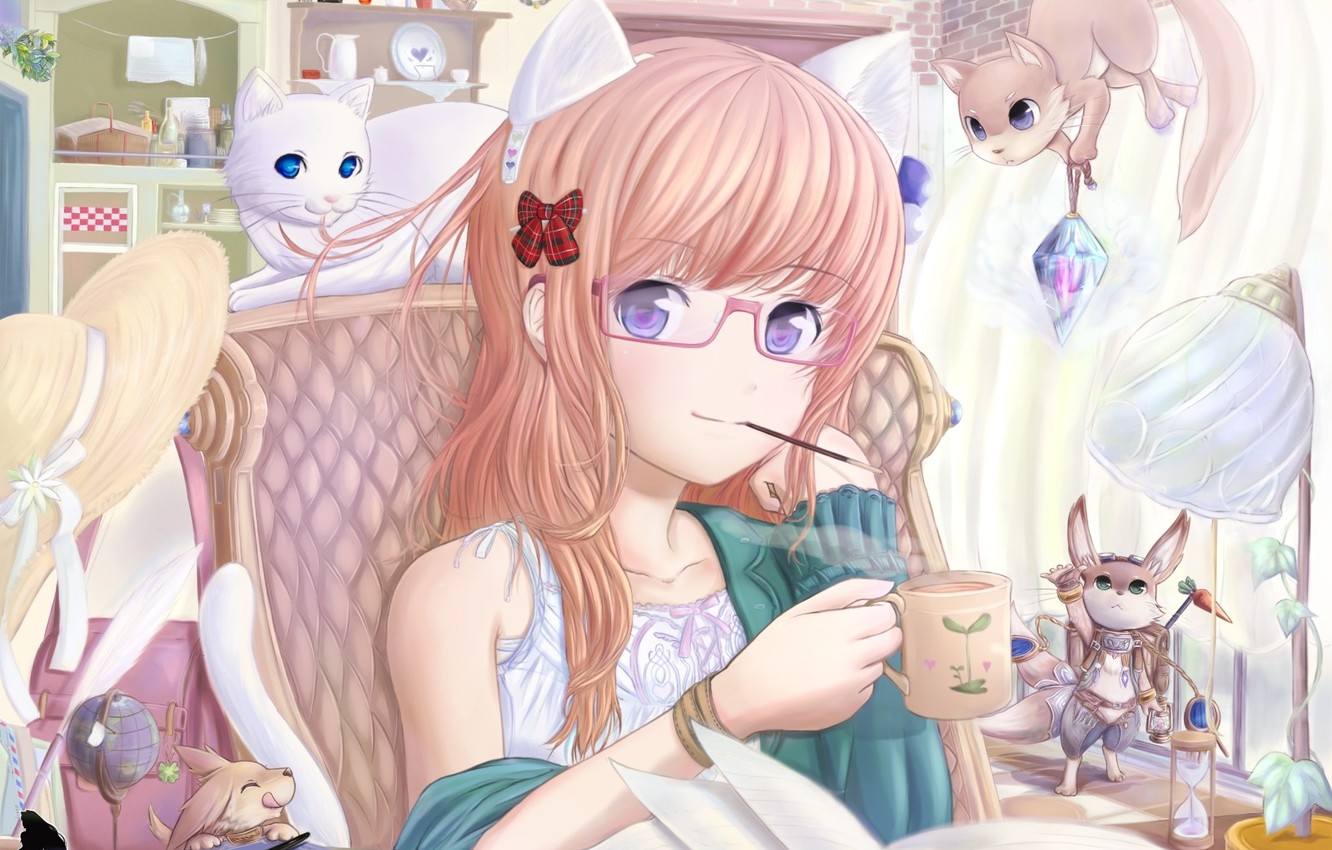 Photo Wallpaper Cat, Cat, Anime, Glasses, Girl, Book, - Girl Book Anime Glasses - HD Wallpaper 