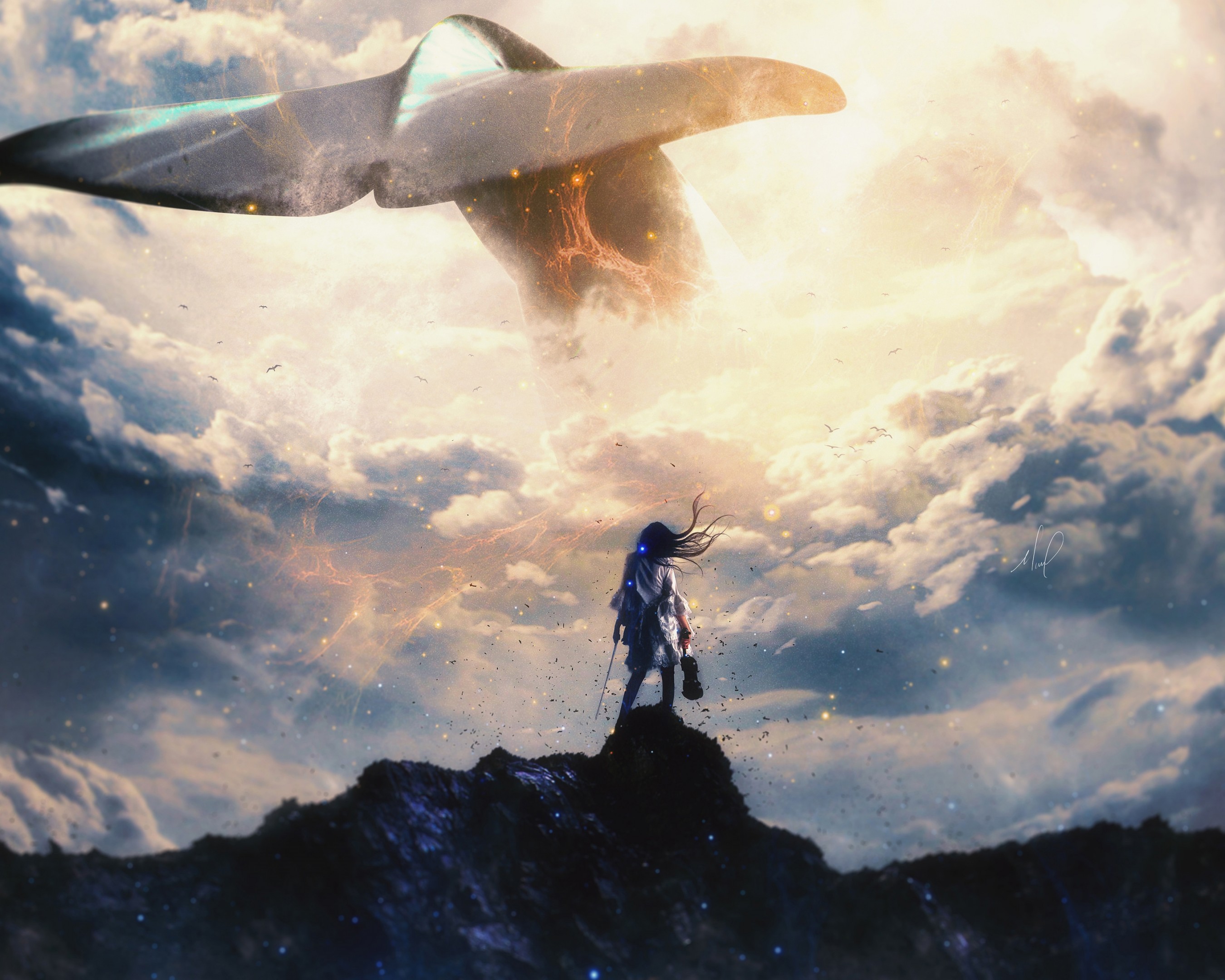 Fantasy Woman, Giant Whale, Clouds, Violin, Edge - Whale In Clouds Background - HD Wallpaper 