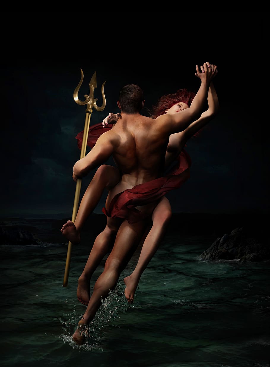 Woman And Man Holding Trident On Body Of Water Illustration, - Photography Woman Man Body - HD Wallpaper 