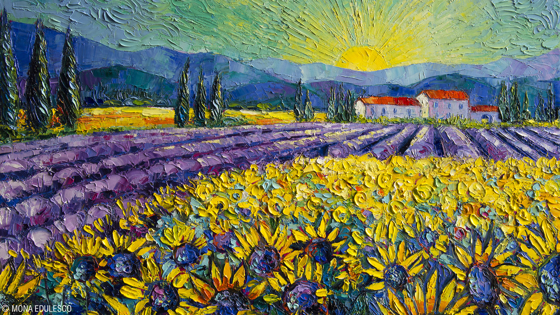 You And Art Magazine Sunflowers And Lavender Mona Edulesco - Painting Acrylic Lavender Field - HD Wallpaper 
