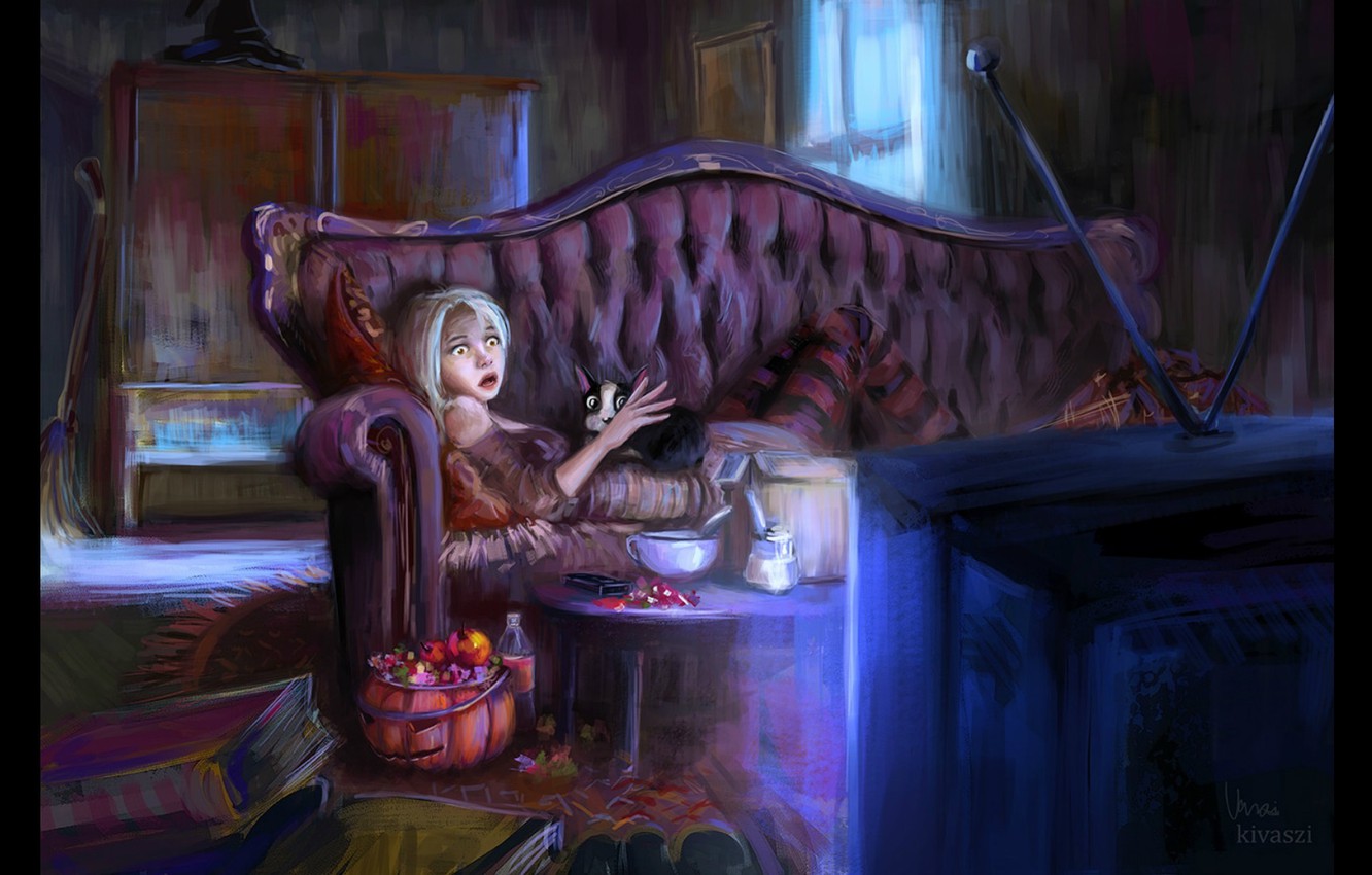 Photo Wallpaper Tv, Horror, Witch, Broom, Black Cat, - Witch Black Cat Fantasy Art - HD Wallpaper 