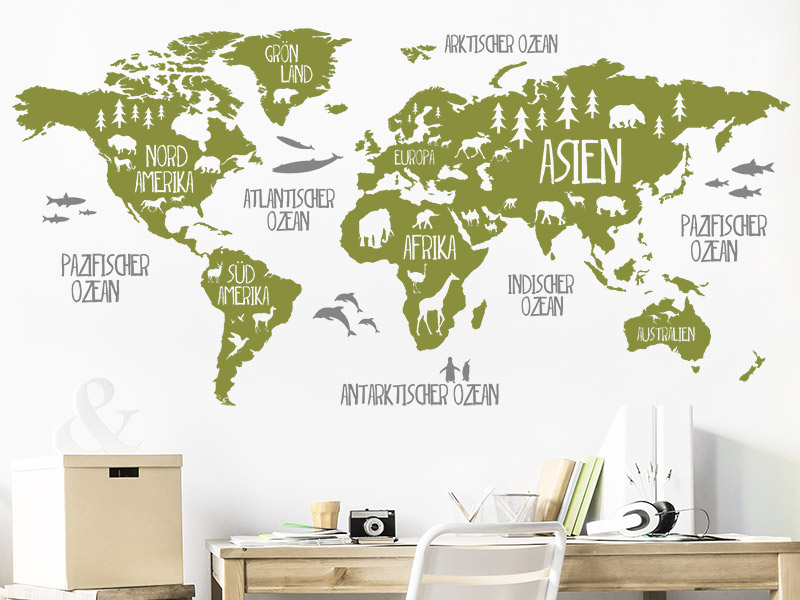 Wandtattoo Weltkarte Mit Tieren - World Map - HD Wallpaper 