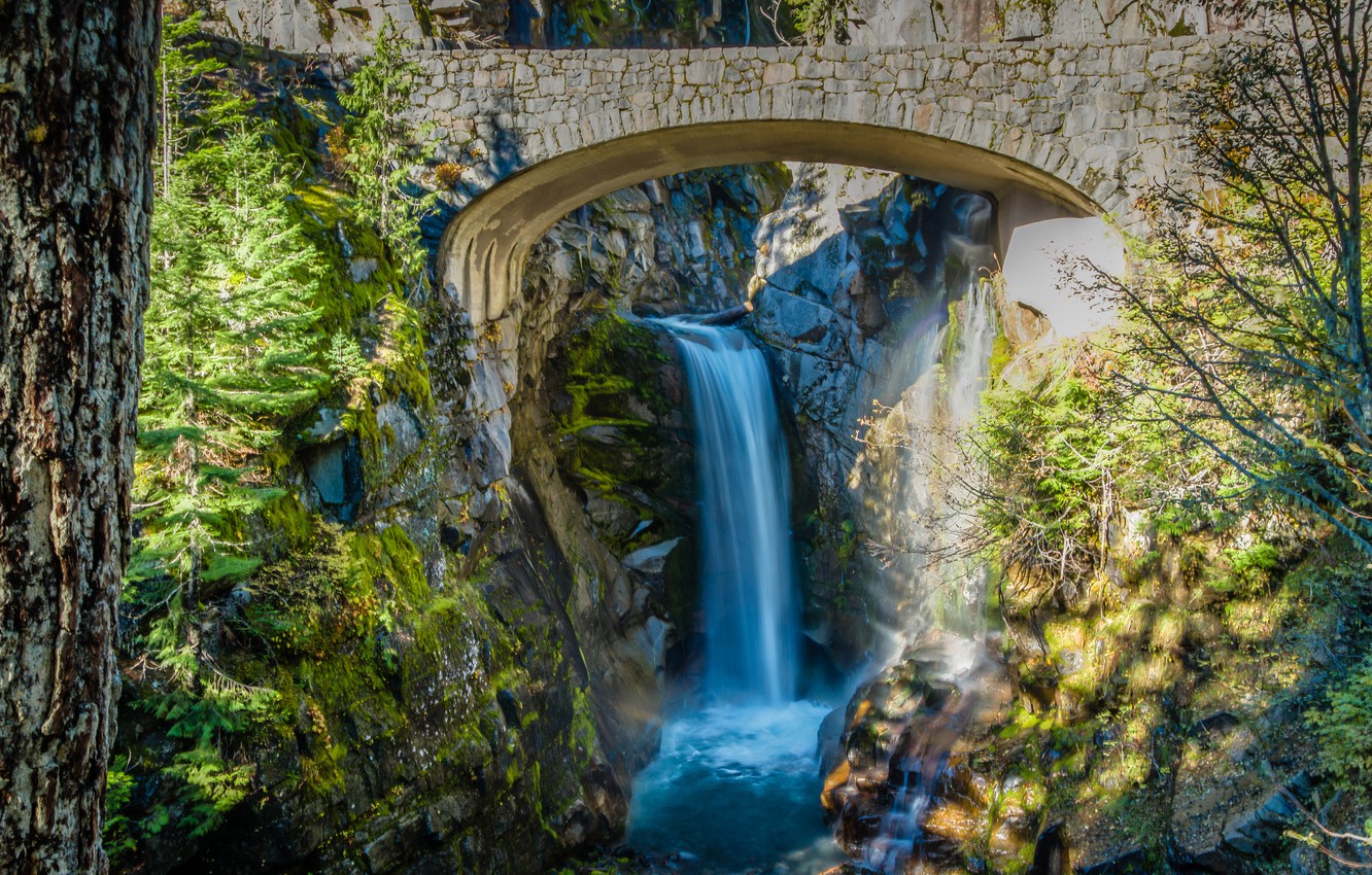 Photo Wallpaper Trees, Bridge, Stones, Waterfall, Stream, - Waterfalls And Bridges - HD Wallpaper 