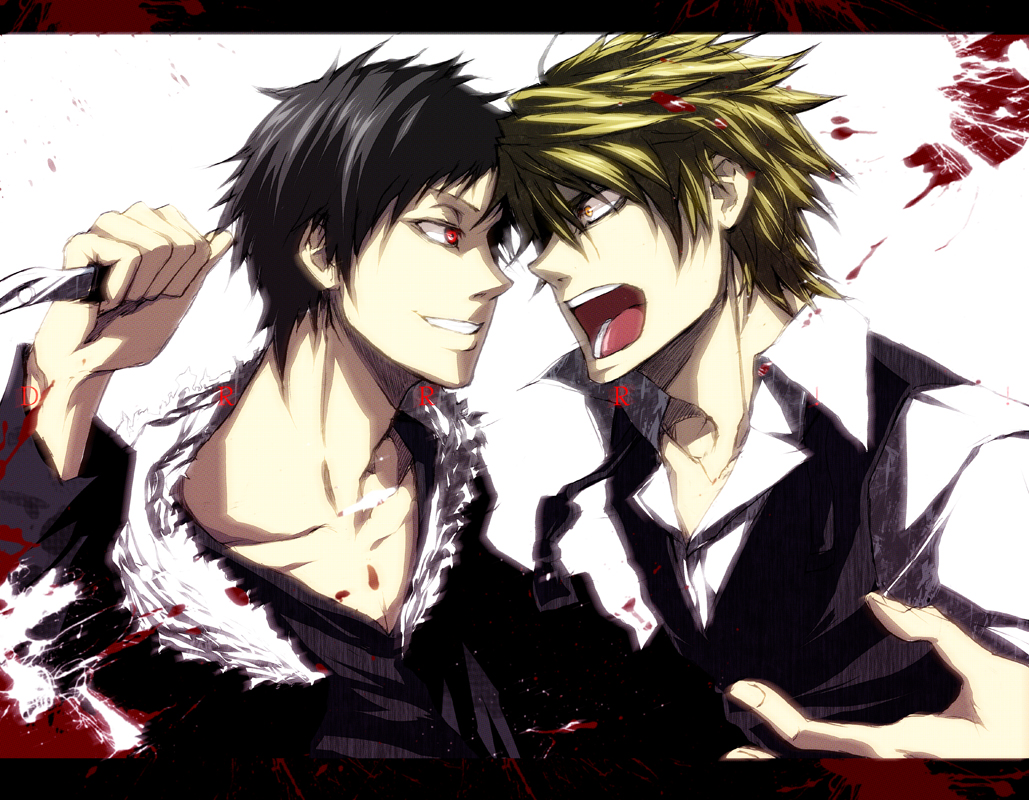 Black Hair, Blonde, Jacket, Knife, Open Mouth, Red - Shizuo Vs Izaya - HD Wallpaper 