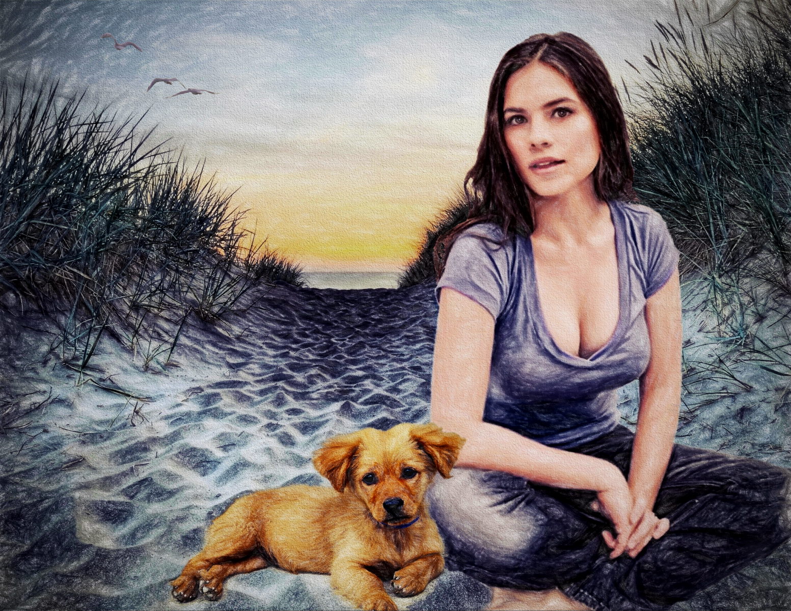 Hayley Atwell Dunes W Dog And Seagulls Small - Hayley Atwell Dog - HD Wallpaper 