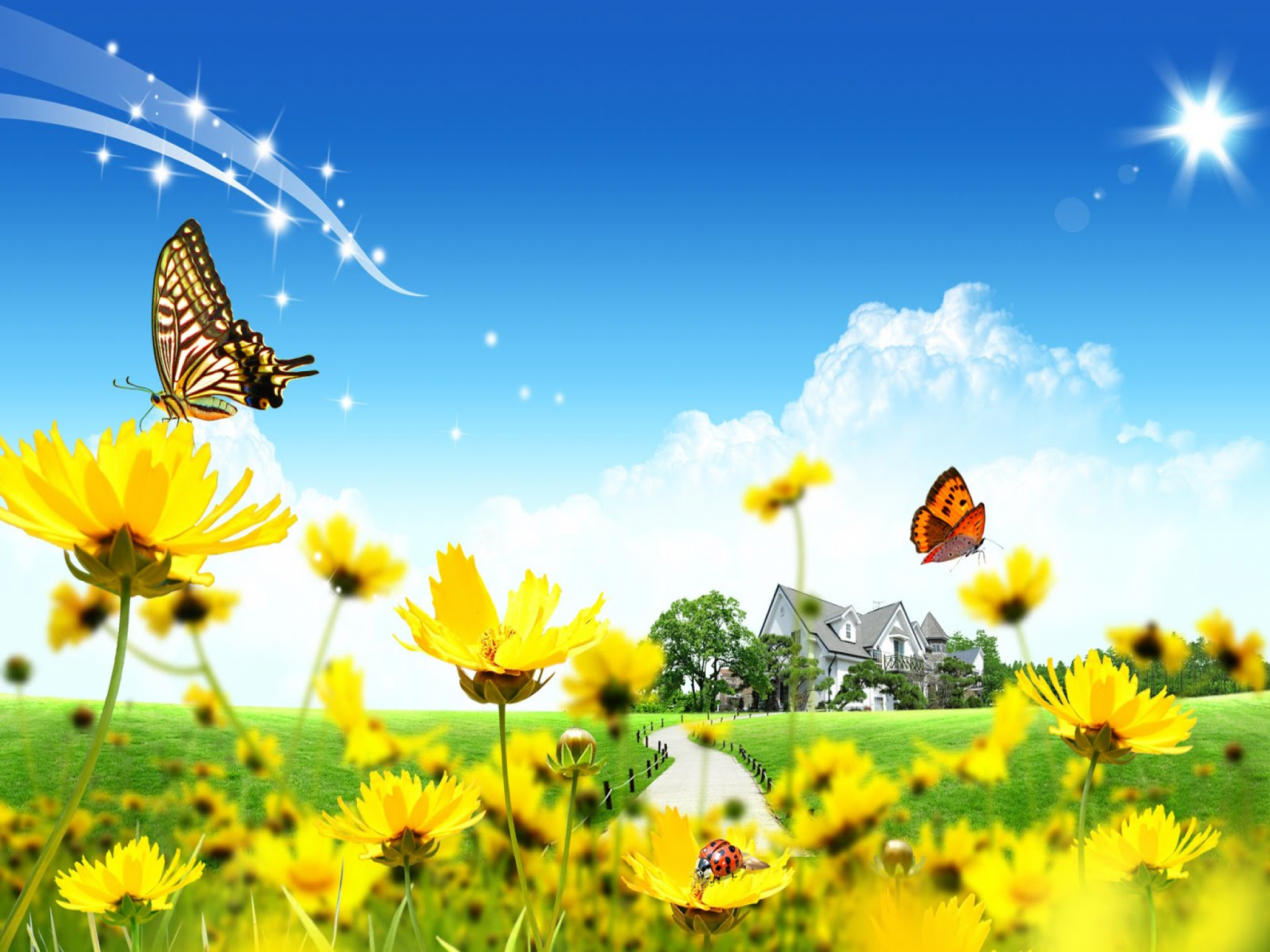 Flowers With Butterfly Background - HD Wallpaper 