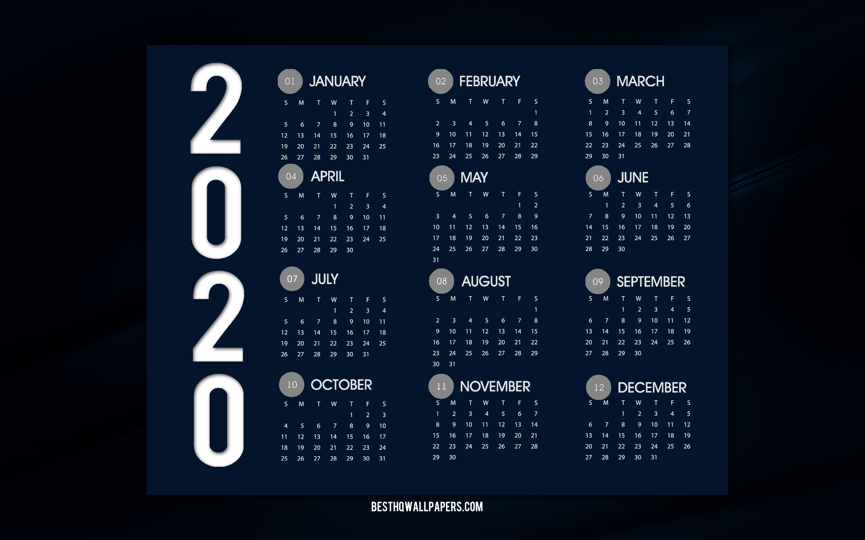 Dark Blue 2020 Calendar, All Months, 2020 Calendar, - 2020 Wallpaper Calendar - HD Wallpaper 