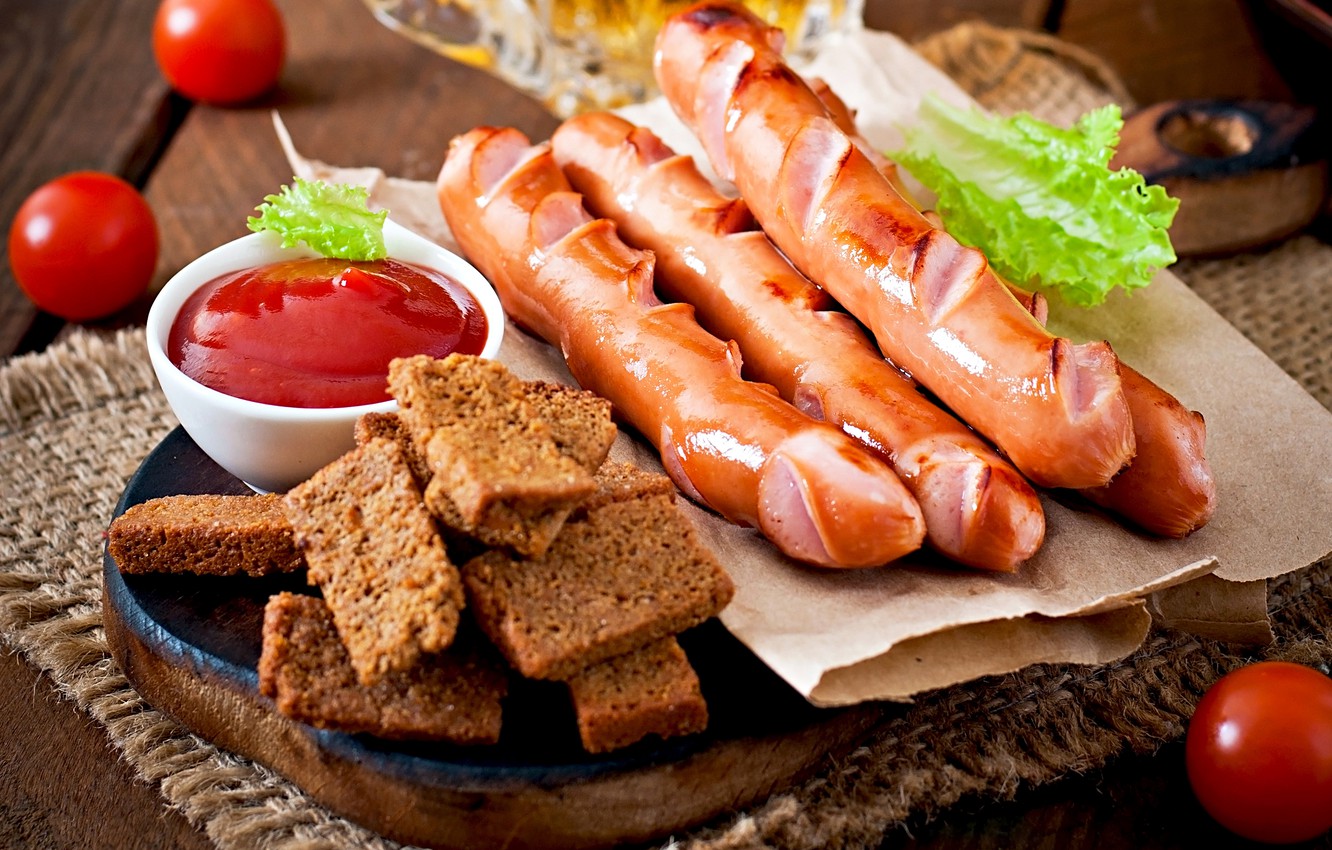 Photo Wallpaper Greens, Sausage, Bread, Tomatoes, Sauce, - Есть Сосиски - HD Wallpaper 
