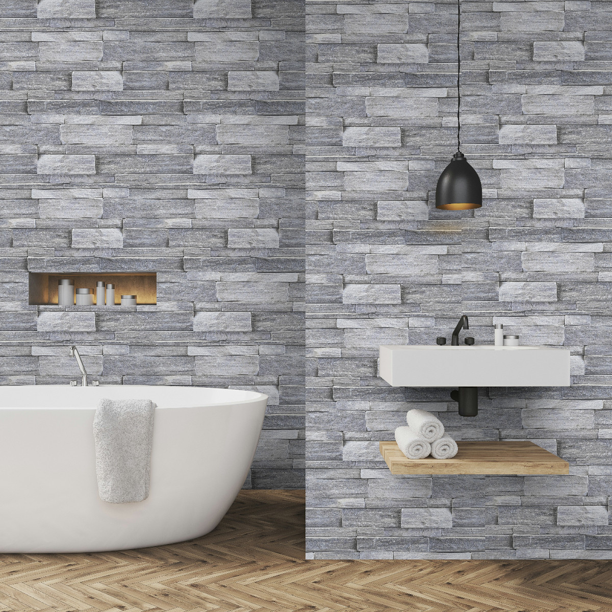 Graham And Brown Stone Wall Wallpaper - Grey Stone Wall In Bathroom - HD Wallpaper 