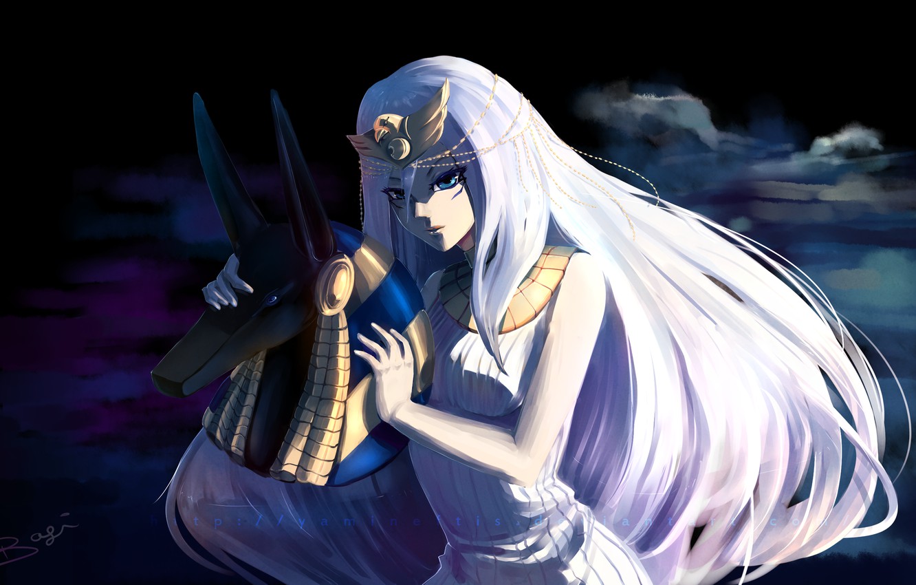 Photo Wallpaper Girl, Fantasy, Anubis - White Haired Priestess Anime - HD Wallpaper 