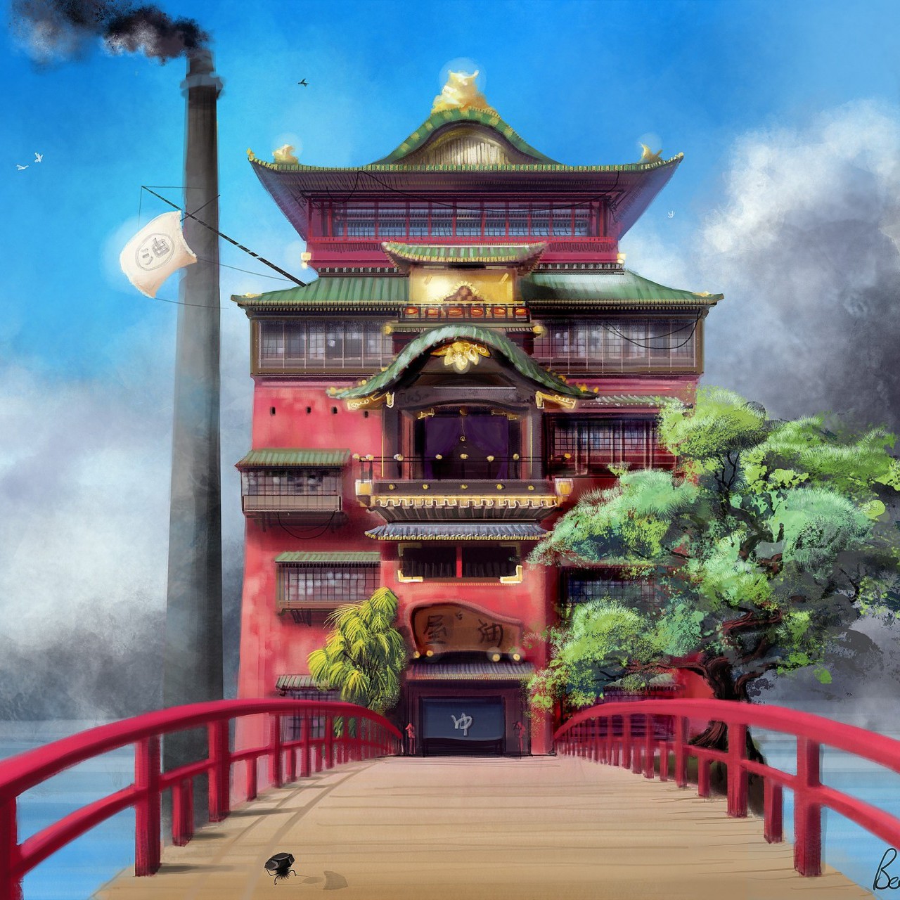 Japan Hayao Miyazaki Trees Spirited Away Bathroom Houses - Bathhouse Spirited Away Scenes - HD Wallpaper 