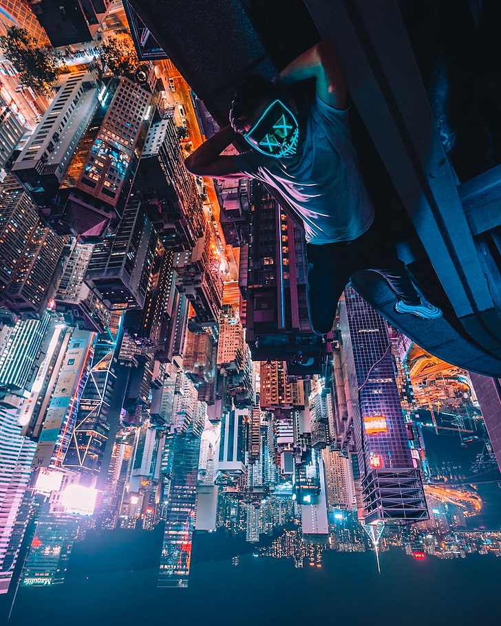 Simon Zhu, Hong Kong, Mask, Neon, Rooftops, Skyscraper, - Simon Zhu - HD Wallpaper 