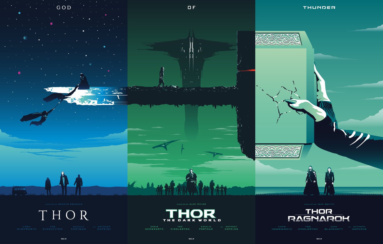 Photo Wallpaper Fiction, Collage, Hammer, Poster, Art, - Thor Trilogy Poster Rico Jr - HD Wallpaper 