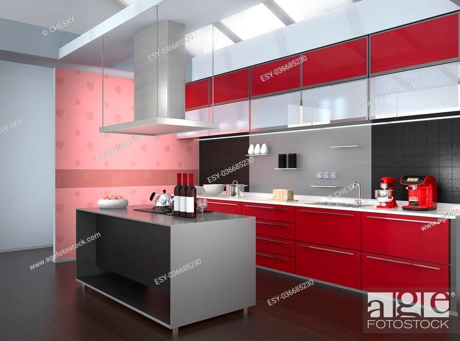 Modern Kitchen Interior With Pink Monstera Wallpaper - キッチン ピンク の 壁紙 - HD Wallpaper 