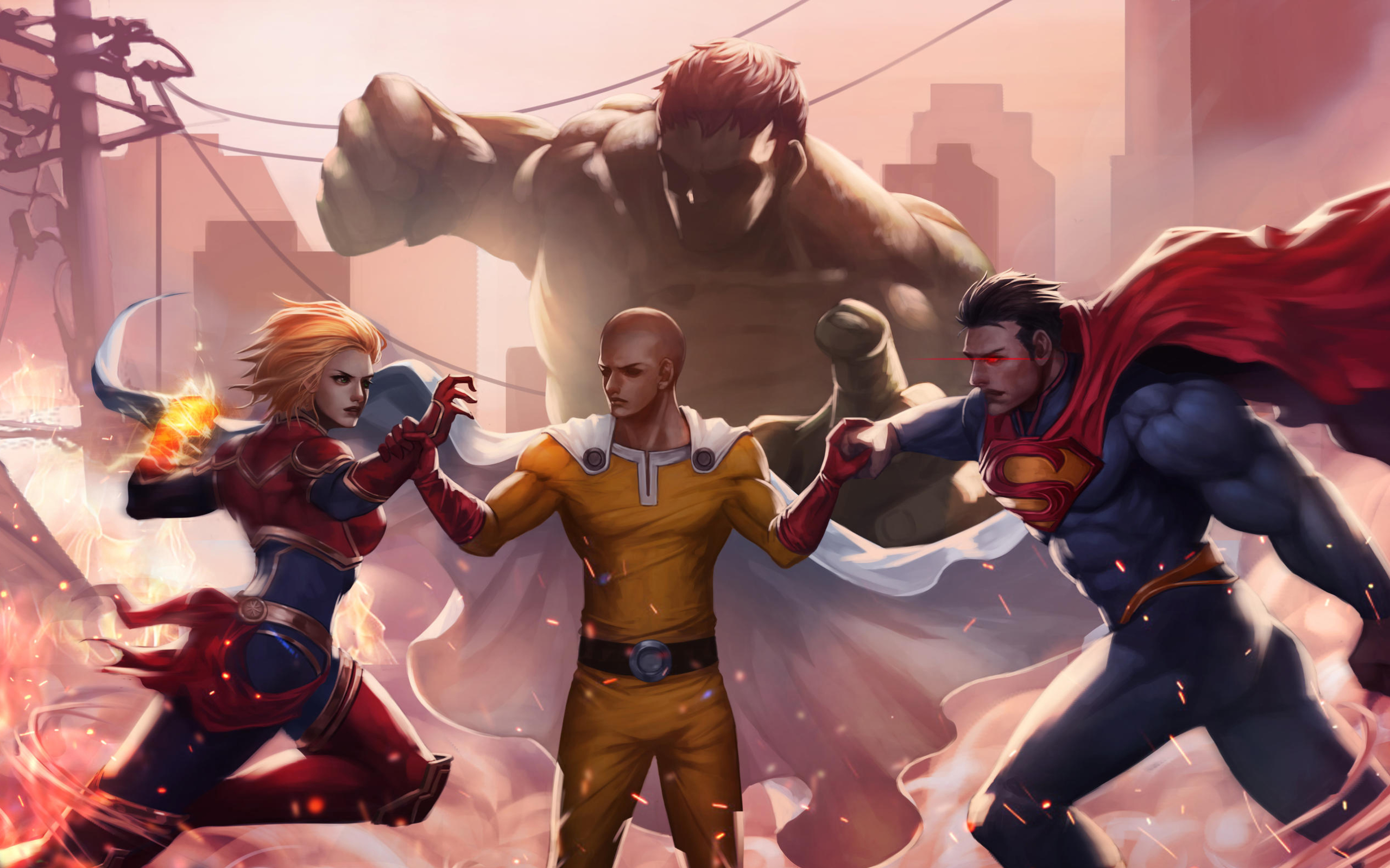 Wallpaper Of Captain Marvel, Hulk, One-punch Man, Saitama - Saitama Vs Captain Marvel - HD Wallpaper 