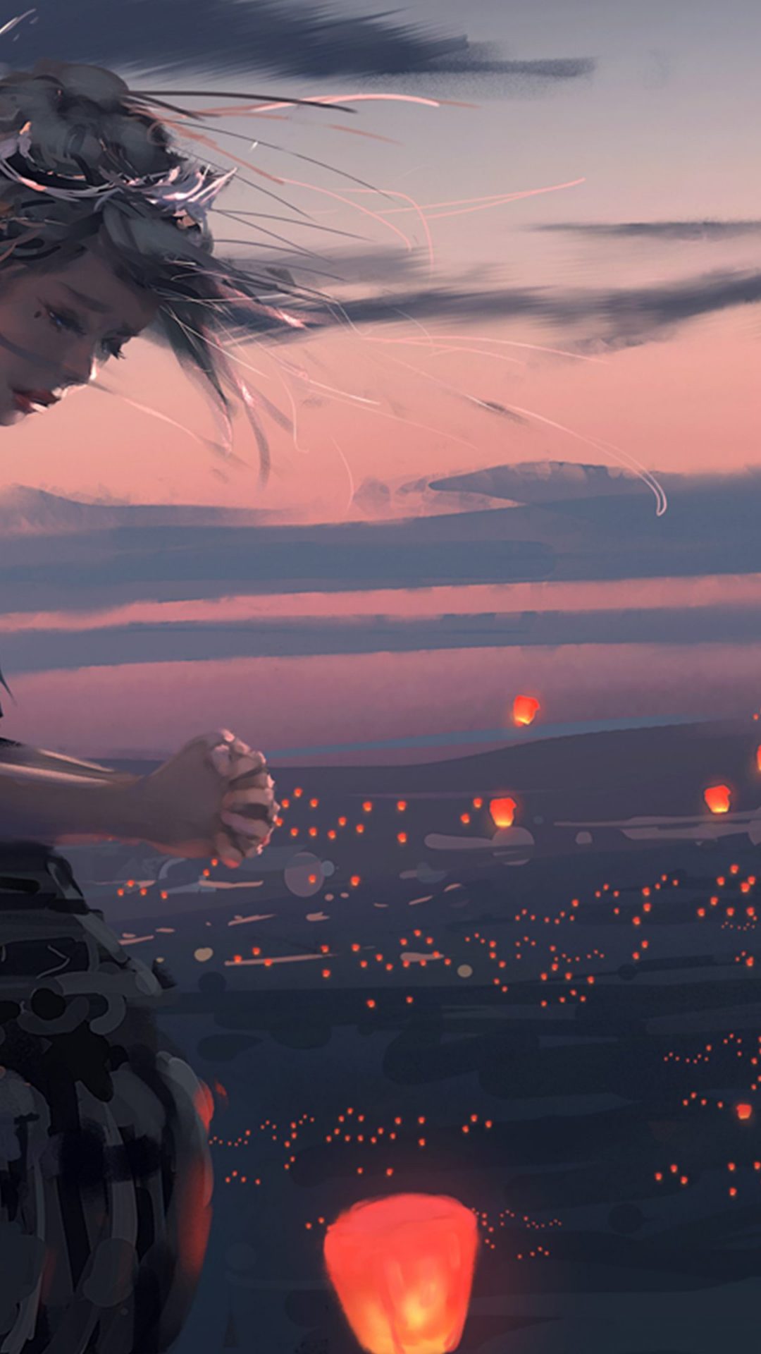 Girl With Sky Lanterns Art - HD Wallpaper 