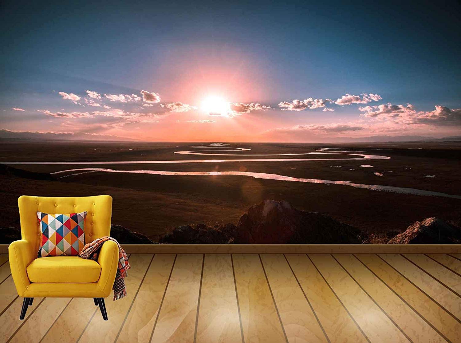 Avikalp Exclusive Awi7693 River Stream Curved Prairie - Sunset - HD Wallpaper 