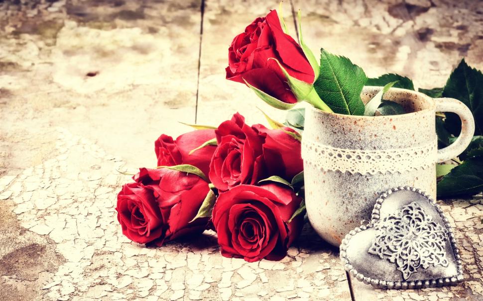Valentine S Day, Red Rose Flowers, Love Hearts, Cup - Flowers Red Rose Love - HD Wallpaper 