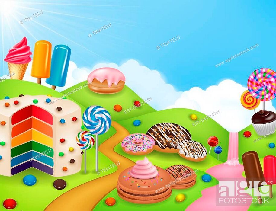 Illustration Of Fantasy Candyland With Dessrts And - Fantasy Candy Land Illustration - HD Wallpaper 
